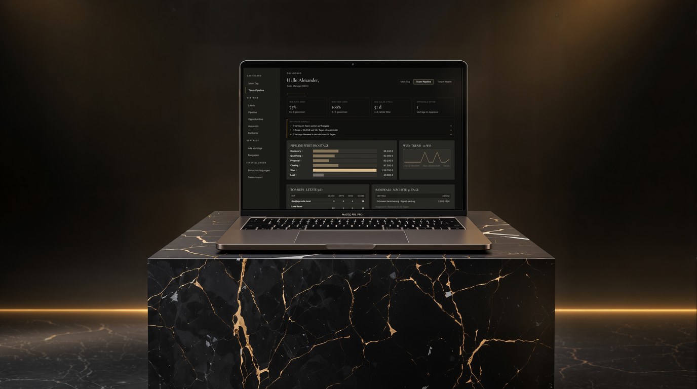 AGC Suite dashboard on a MacBook on a marble pedestal with warm spotlight