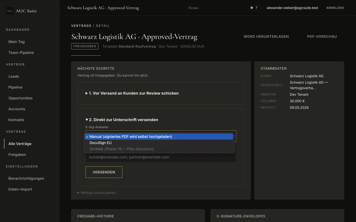 E-signature provider dropdown with Skribble, DocuSign EU and manual