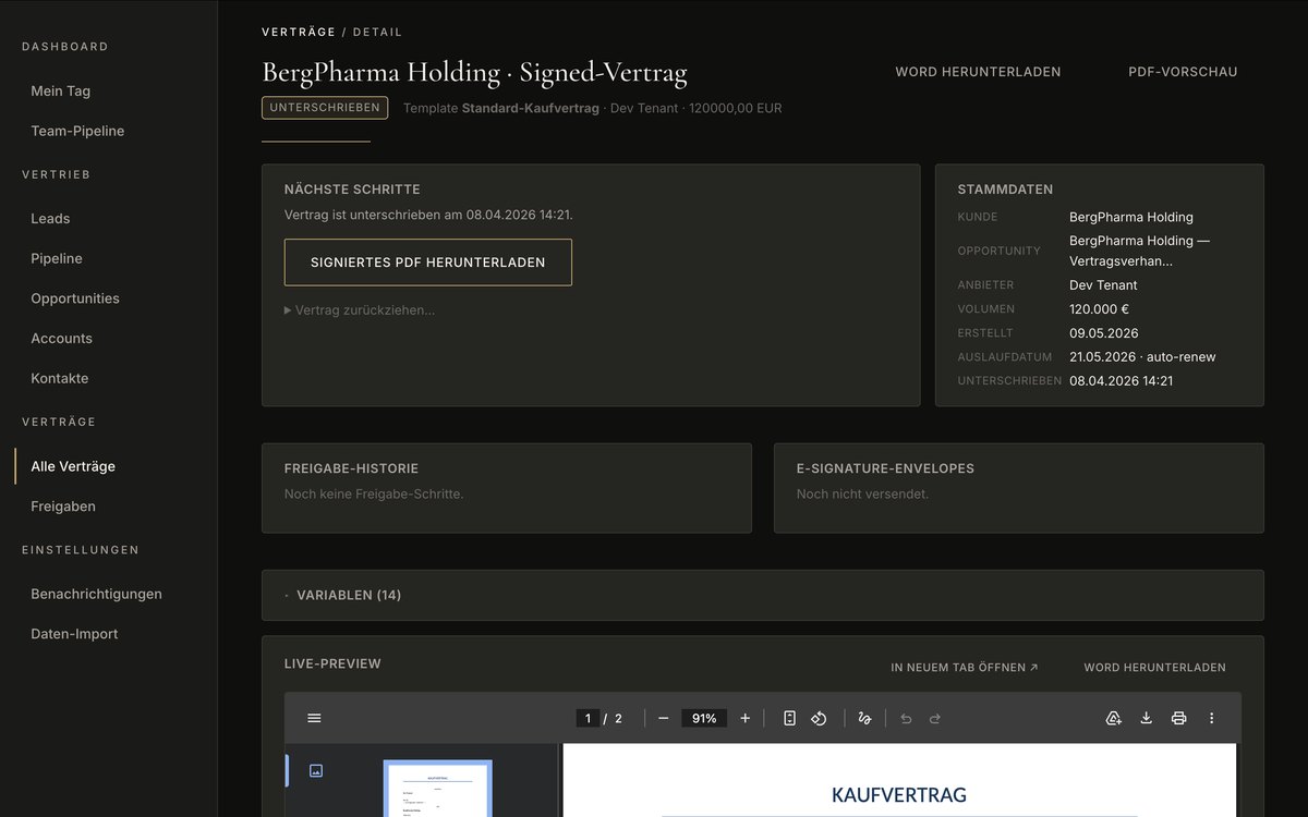Contract detail with master data and PDF preview