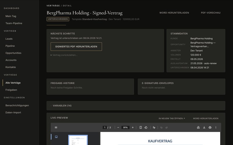 Contract detail with PDF preview
